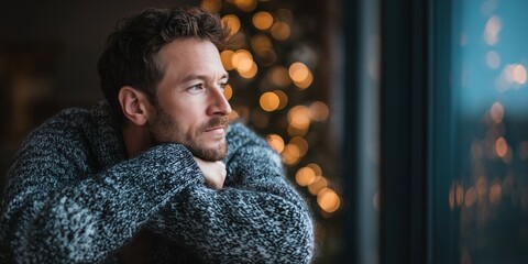Thoughtful man in sweater looking out window beside a glowing Christmas tree.