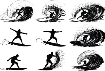 Surfer Silhouette Vector Set, Black and White Wave Riding Illustrations, Ocean Sports Action, Coastal Adventure, Extreme Water Motion, Sea Lifestyle Icons