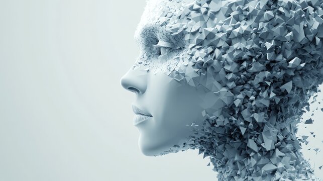 Profile view of a human face with fragments detaching, forming an abstract disintegration effect