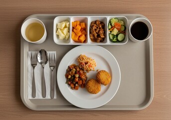 Overhead view of a typical self-service meal setup showing a tray, utensils, side dishes, and the formica surface of the eating area ,food service ,self service ,counter top
