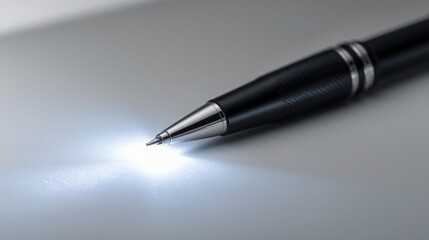 Close up of a black pen on a white surface with bright light