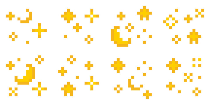 8-bit pixel art shining yellow moon and star effect