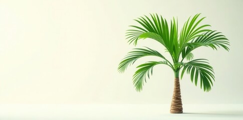 Obraz premium A single, vibrant miniature palm tree against a minimalist, off-white backdrop provides a serene and calming visual