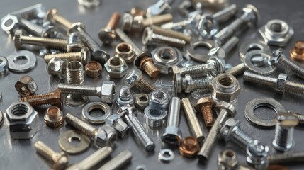 A collection of assorted nuts bolts and washers on a surface