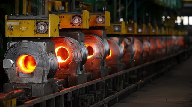 Medium shot capturing belltype annealing equipment in action as wire spools undergo uniform heat treatment to improve ductility and workability.