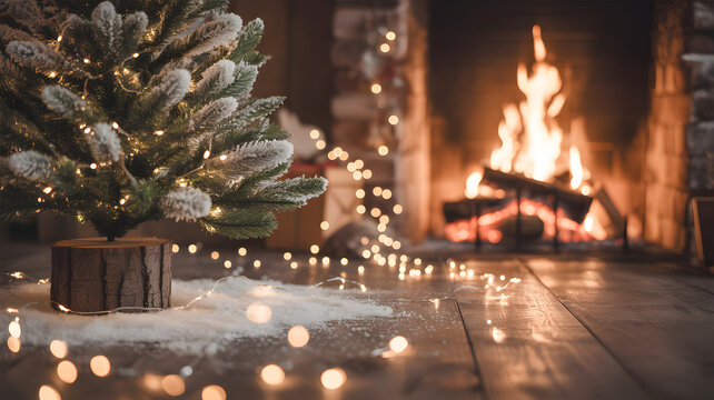 Cozy christmas scene with a decorated tree and a roaring fireplace