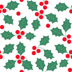 Seamless Christmas Pattern with Holly Berry. Vector Background.