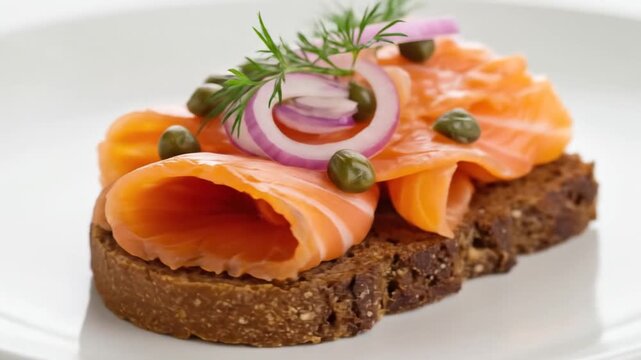 Smoked salmon appetizer on toast with red onion capers and dill