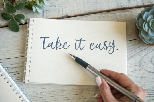 Person writing the phrase Take it easy on a notebook