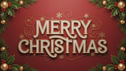 Merry christmas text with ornate golden lettering and festive decorations of holly and baubles on a red background