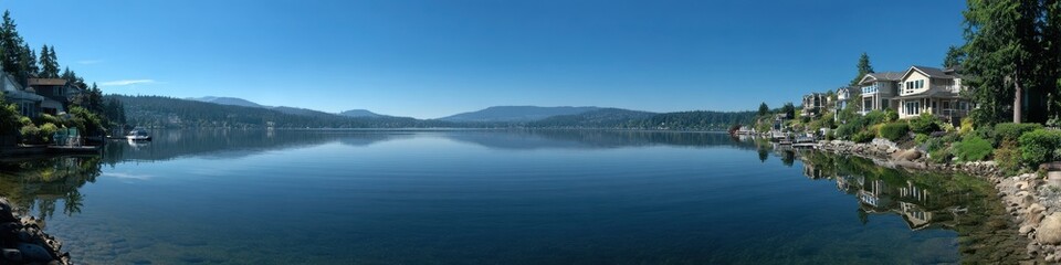 Fototapeta premium Breathtaking Panoramic View of Lake Sammamish, Bellevue, Washington: A Summer Landscape Embracing Nature's Beauty