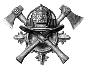 Naklejka premium Heroic Firefighter Maltese Cross: Vintage Design with Helmet, Axes, and Badges