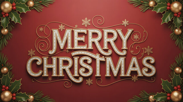 Merry christmas text with ornate golden lettering and festive decorations of holly and baubles on a red background