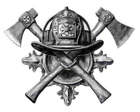 Heroic Firefighter Maltese Cross: Vintage Design with Helmet, Axes, and Badges