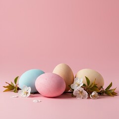 Pastel colored eggs and delicate spring blossoms hint at new beginnings and the joyous arrival of a festive future celebration ,seasonal ,pastel ,renewal