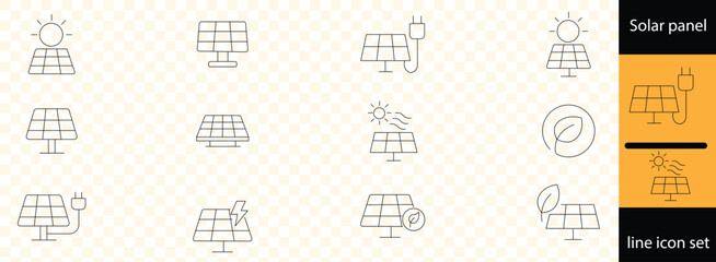Solar panel icon set. Eco friendly clean energy and sun-powered electricity.