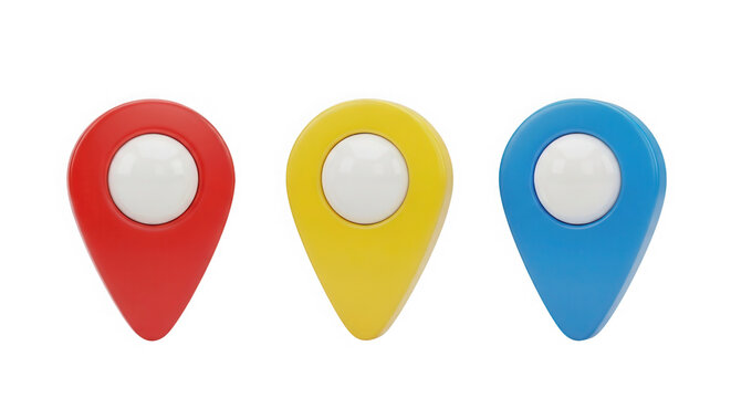 Three colorful 3d map pin icons isolated on transparent background