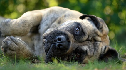 Obraz premium Playful Mastiff Tumbling on Grass - Silly Canine with a Funny Face at the Park