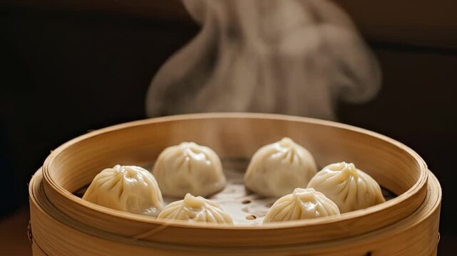 Steaming dumplings in a bamboo steamer with chopsticks in close up