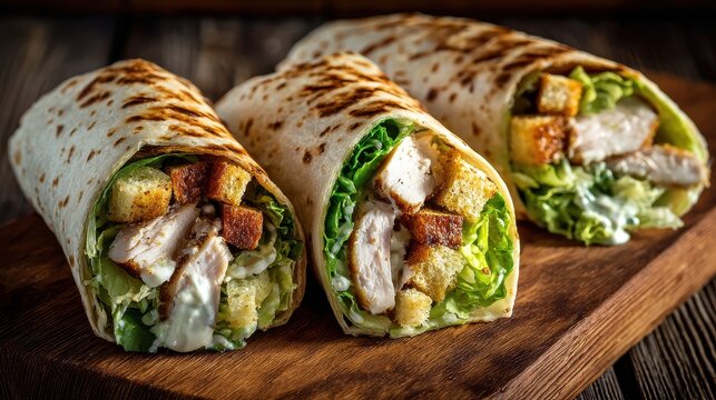 Delicious Caesar Salad Wraps with Chicken, Crunchy Croutons, and Fresh Lettuce, Enclosed in a Soft Tortilla Snack