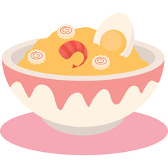 Bowl of savory yellow food topped with shrimp egg and fish cake slices on a pink mat with a white bowl and pink trim against a transparent background