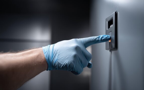 Close-up of Gloved Hand Pressing Elevator Button Showing Safety and Hygiene during Pandemic. Healthcare worker in PPE. Germ Protection