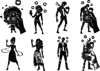 Stylized human figures with smartphones, social media influence, digital culture concept, black and white vector art, emotional expression, modern identity design