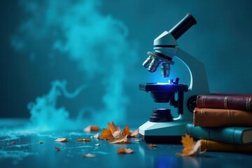 Illuminated Microscope Beside Stack of Books and Autumn Leaves on a Dark Teal Surface