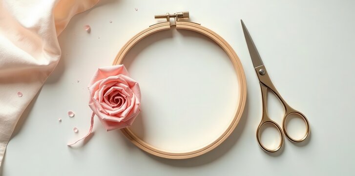 Elegant craft supplies arrangement featuring a delicate fabric rose, wooden embroidery hoop, and gold scissors on a pristine white surface
