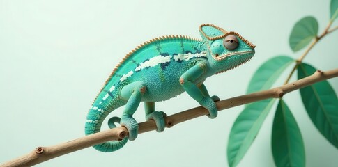 Fototapeta premium A vibrant turquoise chameleon gracefully perched on a slender branch, amidst lush green foliage, showcasing its remarkable color-changing ability and unique physique.