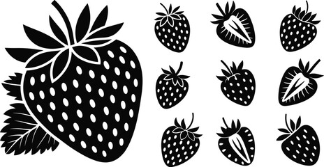 Stylized strawberry vector illustration, black and white fruit icons, sliced and whole berry designs, botanical clipart for food, kitchen, and packaging