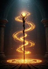 Powerful arcane energies swirl around a magnificent, gnarled staff, its tip glowing with ethereal light within a mystical, ancient chamber ,magical item ,fantasy world ,magical power