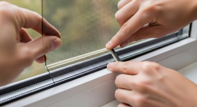 Woman fixing mosquito net on window frame, concept of home maintenance and pest protection for a house or apartment.