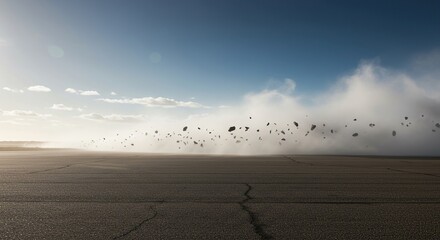 Powerful atmospheric current sweeping across a vast open area, creating a dynamic horizontal flow. Strong gusts propel elements across the plane ,strength ,weather ,shift