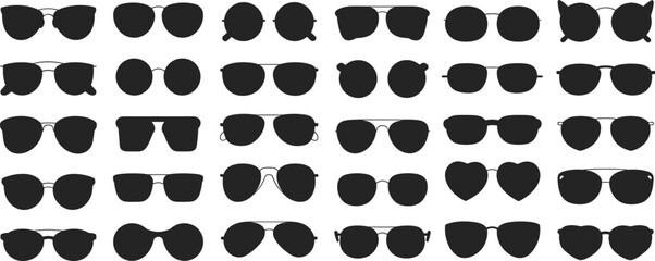 Sunglasses silhouette vector collection, various eyewear designs and shapes, stylish fashion accessory set, black sunglasses icons, modern eyewear illustration isolated on white background