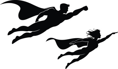 Superhero man and woman flying together, heroic couple silhouette, comic style illustration, teamwork power, courage and strength concept, vector art design © Shoentesh