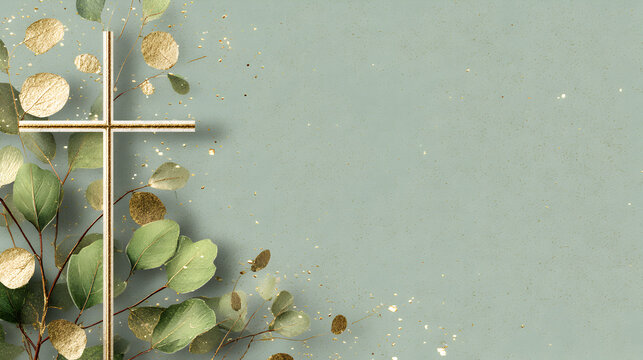 un fondo color claro con espacio de copia con hojas de ramas secas decorando con una cruz de madera blanca elegante para invitacion de evento o dise&ntilde;o 