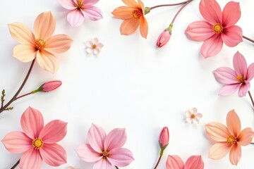 Naklejka premium Delicate Peach and Pink Blossoms Arranged in a Frame on White Background