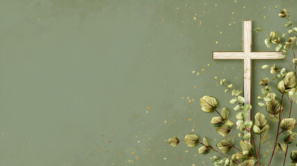 un fondo color verde liso con espacio de copia con una cruz de madera blanca con ramas secas decorativas para invitacion o diseño de tarjeta para evento