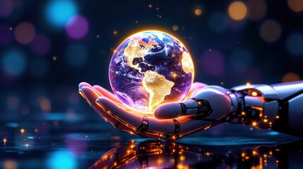Digital Embrace: A futuristic robotic hand cradles a glowing miniature globe. This image symbolizes technological advancement and environmental responsibility.
