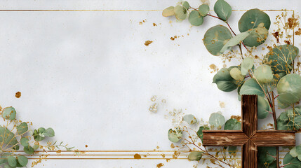 Naklejka premium un fondo con espacio de copia para invitacion o tarjeta con un marco dorado con una cruz de madera y hojas decorativas de eucalipto 