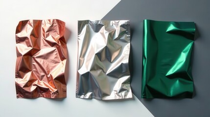 Metallic Shimmer A Study in Textured Foil Packaging with Rose Gold, Silver, and Emerald Green Hues