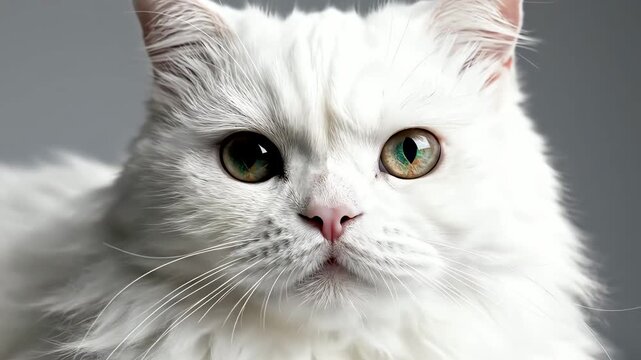 Close-up of a striking white cat's face with heterochromia eyes in stunning 4K resolution