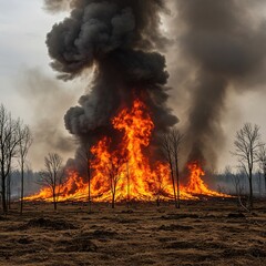 Powerful inferno spreading across a dry forest, with thick smoke plumes rising into the sky. A devastating natural event ,land ,dry ,environment