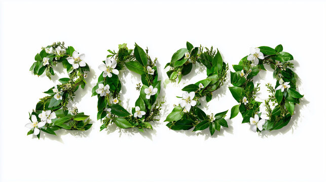 Year 2020 represented by lush green leaves and white blossoms on white background