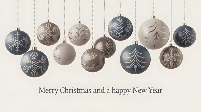 Elegant christmas baubles with snowflake and tree designs hanging against a neutral background, wishing merry christmas and a happy new year