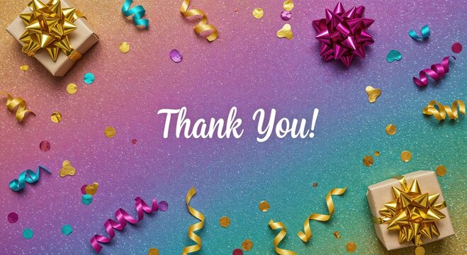 Thank You, Celebration! A vibrant composition filled with celebratory elements to show gratitude, featuring wrapped gift, colorful streamers and a heartfelt message of thank you.