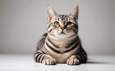 Tabby cat staring forward, suited for feline curiosity. Highlights striped fur for domestic cat photography.