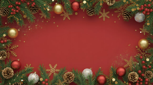 Festive christmas wreath frame with fir branches, pine cones, red berries, gold baubles and snowflakes on a red background - Powered by Adobe
