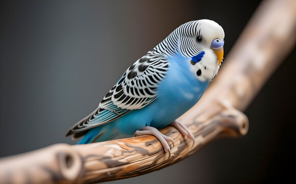 Blue budgerigar on branch, suited for colorful birds. Highlights vibrant feathers for aviary and pet shop ads.